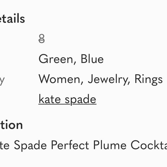 REDUCED: NWT!! $149 Kate Spade Perfect Plume Cocktail Ring, ONLY $39!!😊😊🎁🎁 - Picture 2 of 6